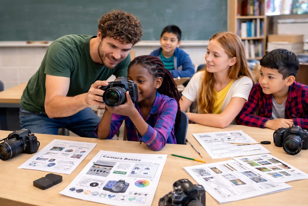 Man Teaching Photography To Kids