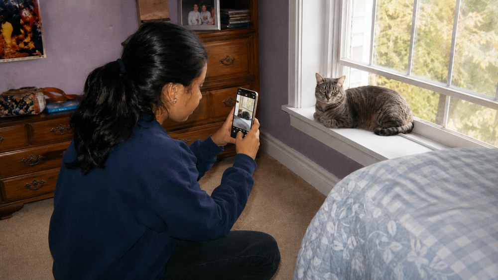 Girl taking photo of cat