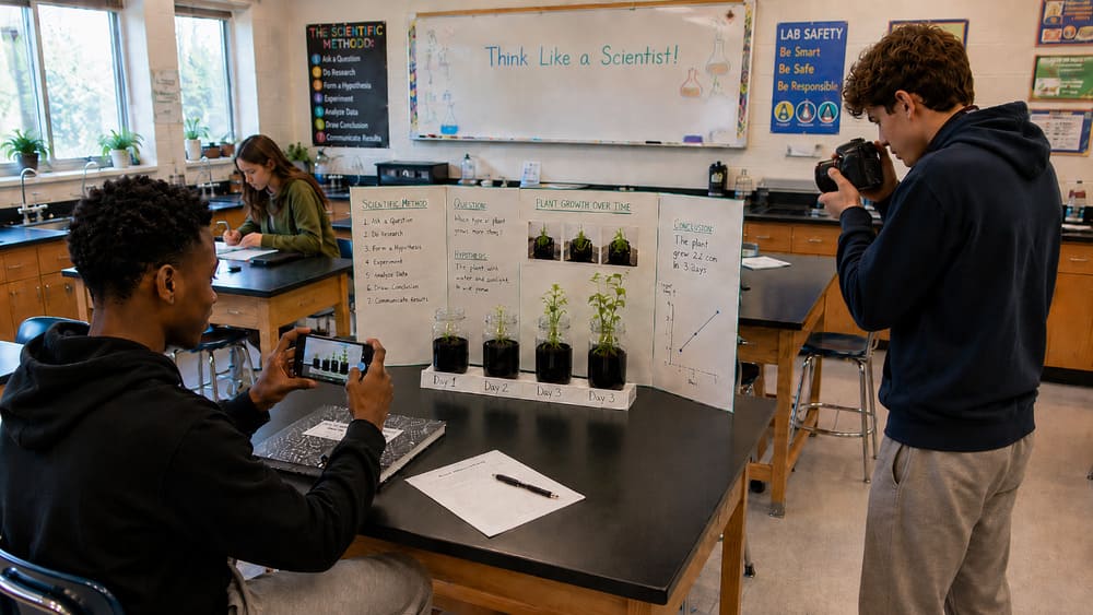 High school students photographing plants