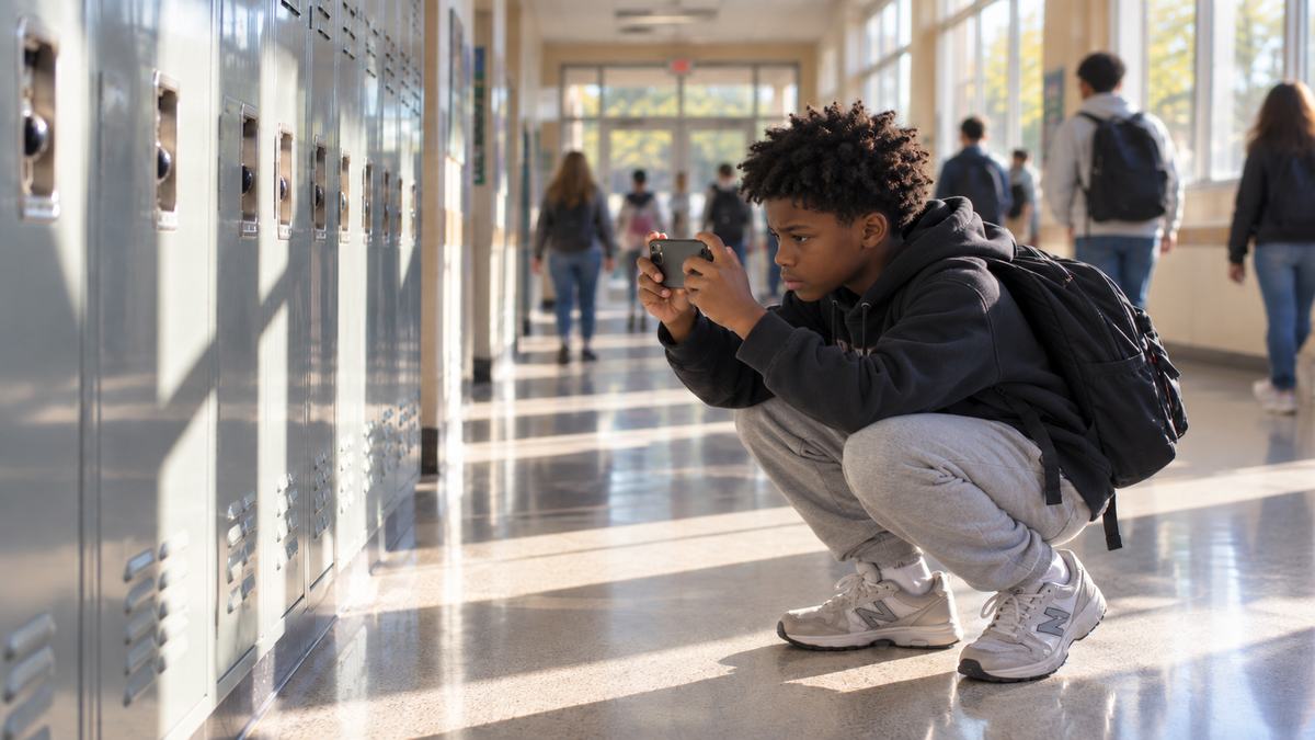 Young photographer in hallway